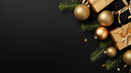 Christmas background with Christmas tree baubles and gifts, blank space for text, black background, Christmas graphics