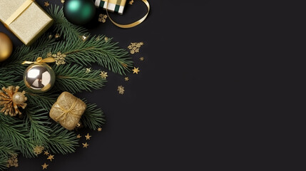 Christmas background with Christmas tree baubles and gifts, blank space for text, black background, Christmas graphics