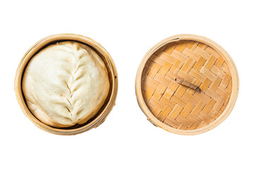Pyanse steamed bun in a Bamboo steamer, korean street food.  Transparent background. Isolated.