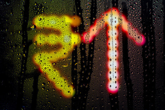 Blurred glowing Indian Rupee sign with arrow up made from light bulbs.The symbol of the national currency behind a rain-wet window with water drops in the night.Sign of economic rise.