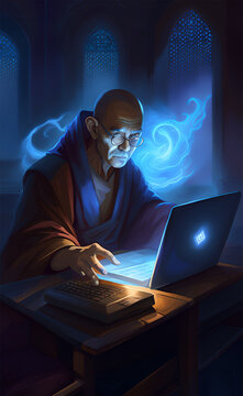 An old man in a robe sits in a dark temple with a bunch of laptops and computers that glow blue