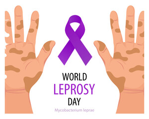 World leprosy day banner with hands and purple awareness ribbon. Healthcare and medicine. Vector