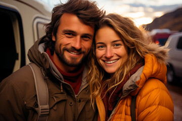 Young couple embracing outside a camper at golden hour.