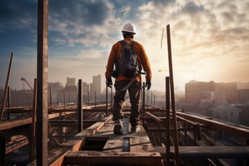 Engineer stands on the building roof under construction and looking at horizon