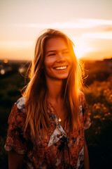  happy, laughing, beautiful finnish woman standing against the backdrop of an sunset, modern, light