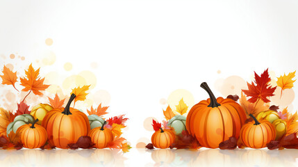 A wooden table is isolated on a white background and is filled with pumpkins, autumn fruits, vegetables,
