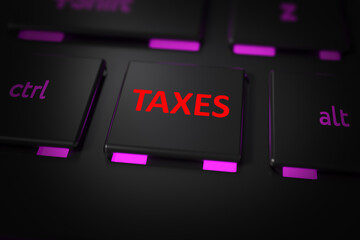 Illustration with a close-up of a keyboard and a TAXES button. Background on the theme of easy tax management. Home finance using a computer.
