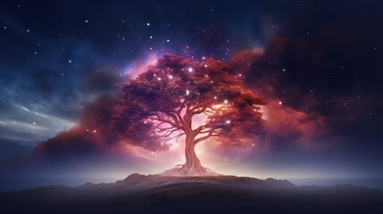 Magical tree with neon glows amidst colorful night sky illuminated by celestial lights symbolizing magic of making wishes upon stars and pursuing dreams in dreamlike landscape - obrazy, fototapety, plakaty
