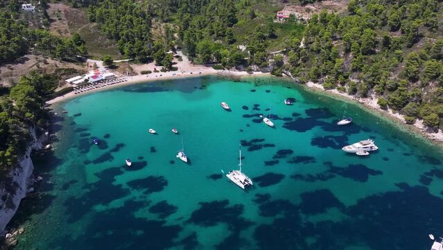 Aerial view of the beautiful beach of Milia, Alonissos island, Sporades, Greece, with turquoise sea and thick pine tree forest