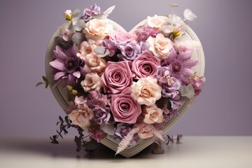 bouquet of pink  rose flowers in a box, heart shape gift box