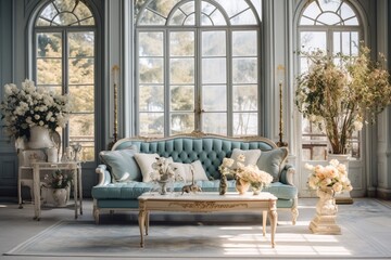 Classic luxury living room front view, light blue colours