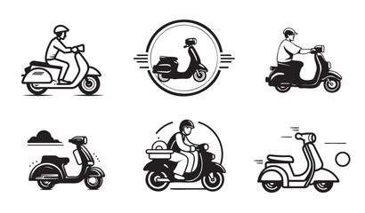 Employee riding delivery bike hand drawn outline doodle icon. Motorbike and business, courier, scooter concept. Vector sketch illustration for print, web, mobile and infographics on white background. © BigJoy