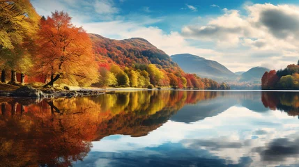 Foto auf Acrylglas Reflection Fall in the Lake District. Colorful trees reflected in a calm water surface. A bright and vibrant landscape scene, autumn nature background