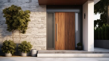 Modern entrance door by wooden, which makes the house really elegant and homely right from the start. Generative AI Technology 