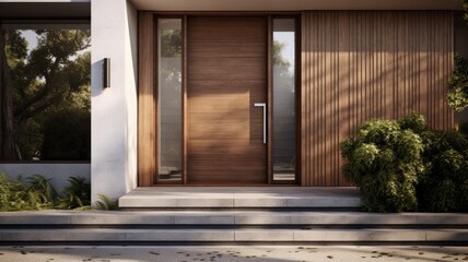 Modern entrance door by wooden, which makes the house really elegant and homely right from the start. Generative AI Technology 