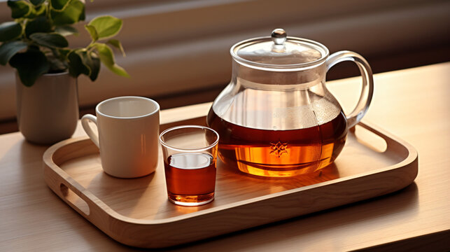 A pitcher of tea sits on a wooden tray.