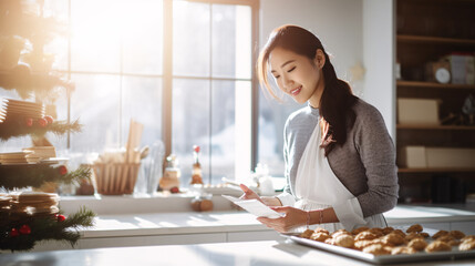 asian woman Baking preparing festive dinner in modern kitchen with christmas decorations