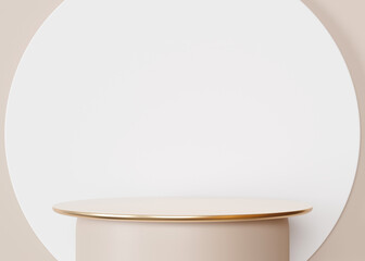 Round podium on white and beige background. Stage for product, cosmetic presentation. Minimalist mock up. Pedestal, platform for beauty products. Empty scene. Display, showcase. 3D render.