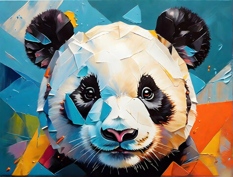 oil paint art of a portrait of a happy panda with polygon shapes. 