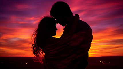 Cuddling at Sunset: A silhouette of a parent and baby cuddling against the backdrop of a colorful sunset, creating a visually stunning and emotional scene