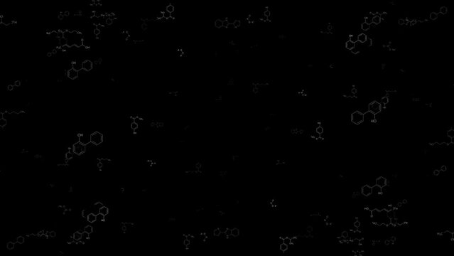 Discover 4K footage featuring chemical formulas and symbol chains against a black background, perfect for overlays, showcasing intricate and detailed chemistry-themed visuals for immersive