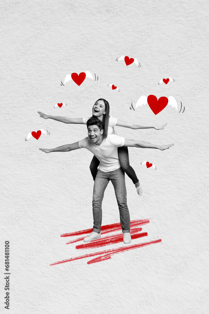 Sticker Vertical collage image of two carefree peaceful black white effect partners piggyback flying wings hearts isolated on paper background