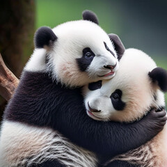 Fototapeta premium Image of a panda with bamboo plants, soft render style, high detail, light black and green background, wild animals of China.