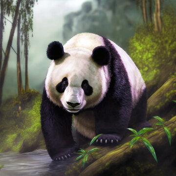 Image of a panda with bamboo plants, soft render style, high detail, light black and green background, wild animals of China.