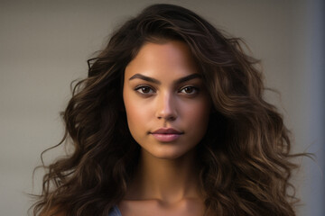 Naklejka premium Portrait of a beautiful young woman with long curly hair and makeup.