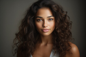 Portrait of a beautiful young woman with long curly hair on gray background.