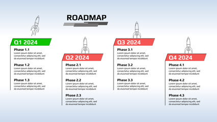 Roadmap with green and red stages with rockets on blue gradient background. Horizontal infographic timeline template for business presentation. Vector.