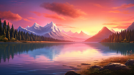Fototapeta na wymiar A stunning sunset over a serene lake with majestic