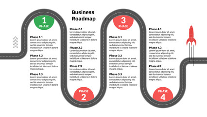 Roadmap with winding road with stages and rocket on white background. Horizontal infographic timeline template for business presentation. Vector.