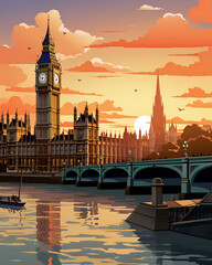 Watercolor London Britain Painting Illustration Artwork - England Big Ben Travel Coastal Print - Tourism Westminster Houses of Parliament British UK Oil Painting - obrazy, fototapety, plakaty