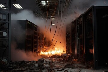 Flames and smoke billowing from burning server racks