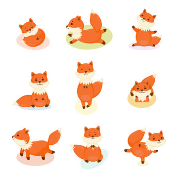 Collection with cute foxes making yoga exercises. Healthy life style concept. Kids print and web design.