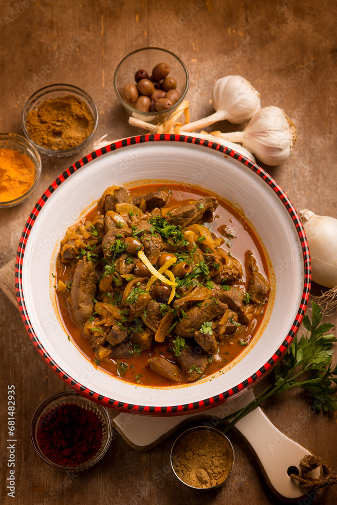 Canvas Prints Moroccan liver with parsley black olives and spices