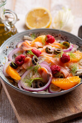 fesh salad with salmon fennel raspberry and orange