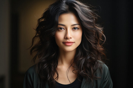Portrait of beautiful young asian woman with long curly hair.