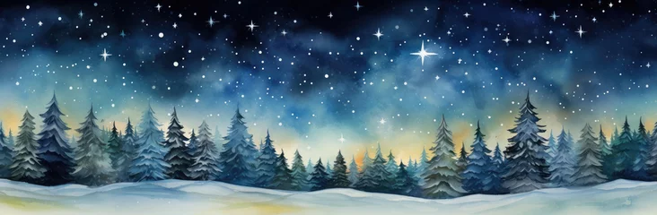 Fotobehang Winter landscape with fir trees and starry sky. Watercolor illustration. Christmas and New Year background. © Songyote