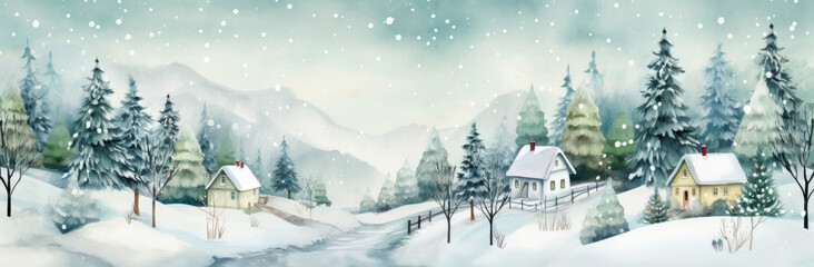 Winter landscape with village and snowflakes. Panoramic banner.