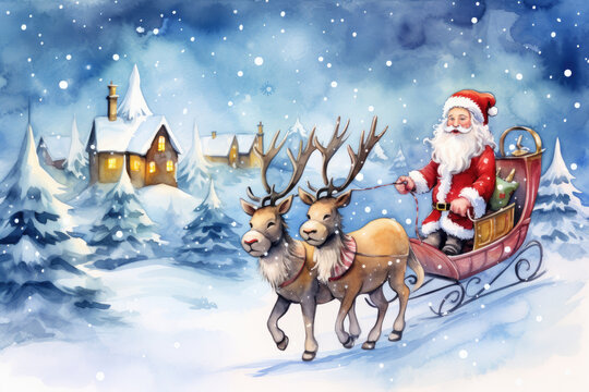 Christmas greeting card with Santa Claus in sleigh pulled by reindeer.