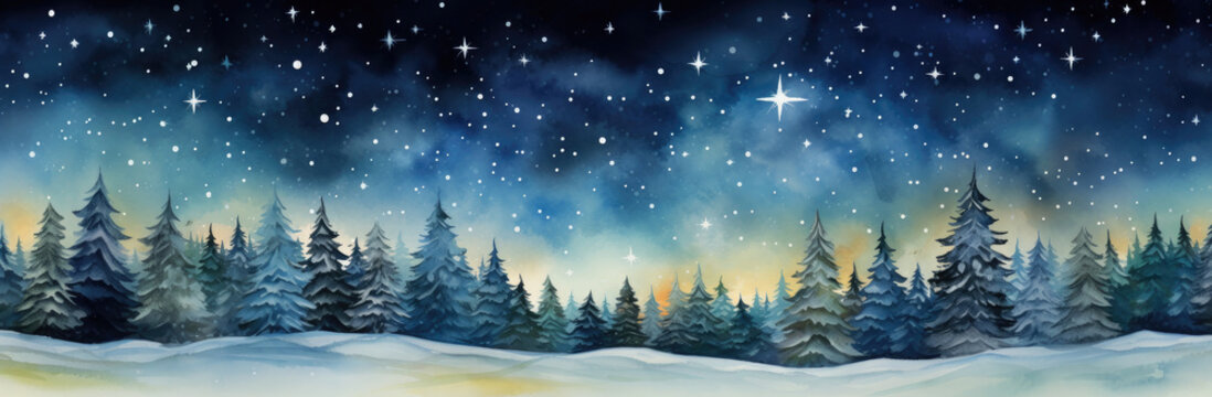 Winter landscape with fir trees and starry sky. Watercolor illustration. Christmas and New Year background.