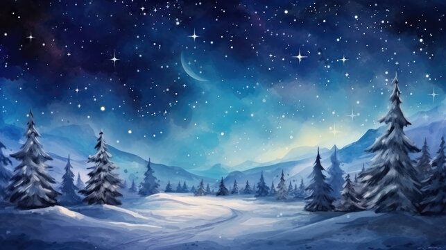 Winter landscape with snowy fir trees and moon in the night sky.