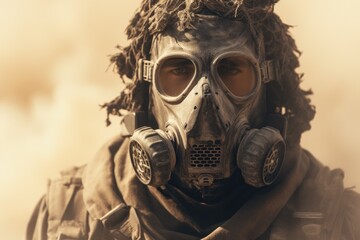 person during a sandstorm in the dessert wearing a gas mask - postapocalyptic scenery