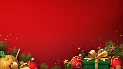 Christmas baubles and gifts on red background, Christmas Banner