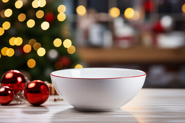 A white bowl in the middle of the counter with Christmas Scene and Christmas present in the background. AI generative