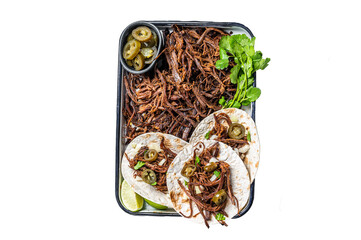 Cooking of Mexican lamb Barbacoa Tacos with Cilantro and Onion.  Transparent background. Isolated.