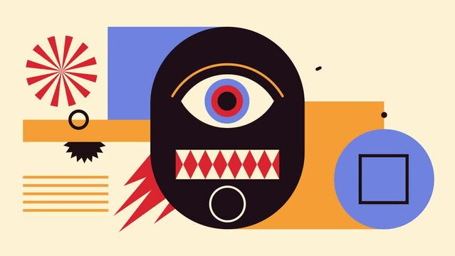 Conceptual abstract motion graphic with eye, head and various geometric shapes in color.