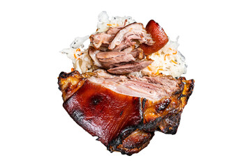 Roast Pork Ham Hock, knuckle with Sauerkraut on a plate.  Transparent background. Isolated.